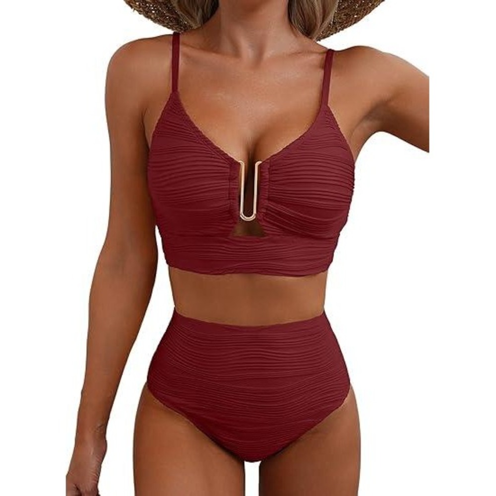 MSRP $46 Herseas Women's M Burgundy Two Piece Swimsuit High Waisted Popular